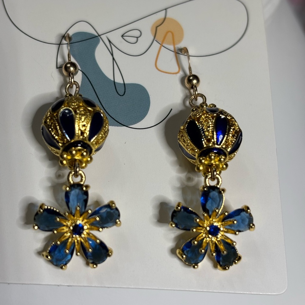 Gold Cloisonné and Blue Floral Beaded Earrings 2 inches - Picture 4 of 4